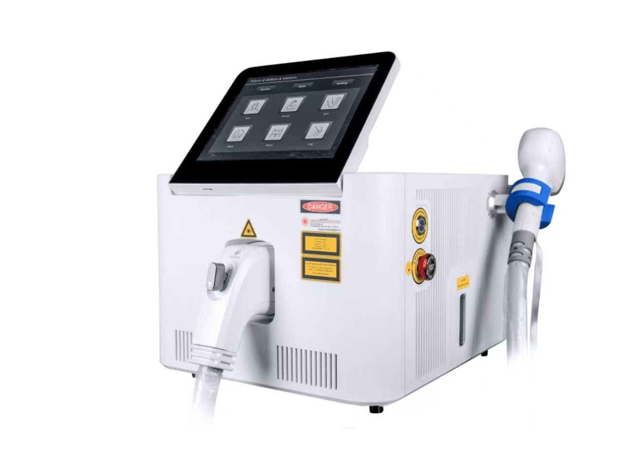 HR-LASE™ tri-wavelength diode laser device — white base unit with integrated touchscreen and articulating handpiece.