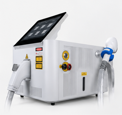 HR-LASE™ tri-wavelength diode laser, three-quarter side view showing the chassis profile and cable routing.